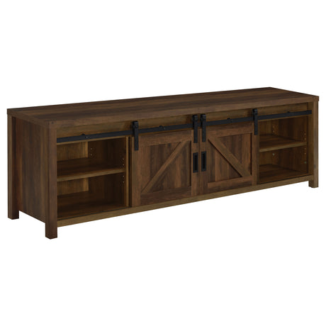 Madra 79" Farmhouse TV Stand with Sliding Barn Doors - Dark Pine with Black Hardware – view 4