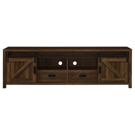 Madra 79" Farmhouse TV Stand with Sliding Barn Doors - Dark Pine with Black Hardware – view 5