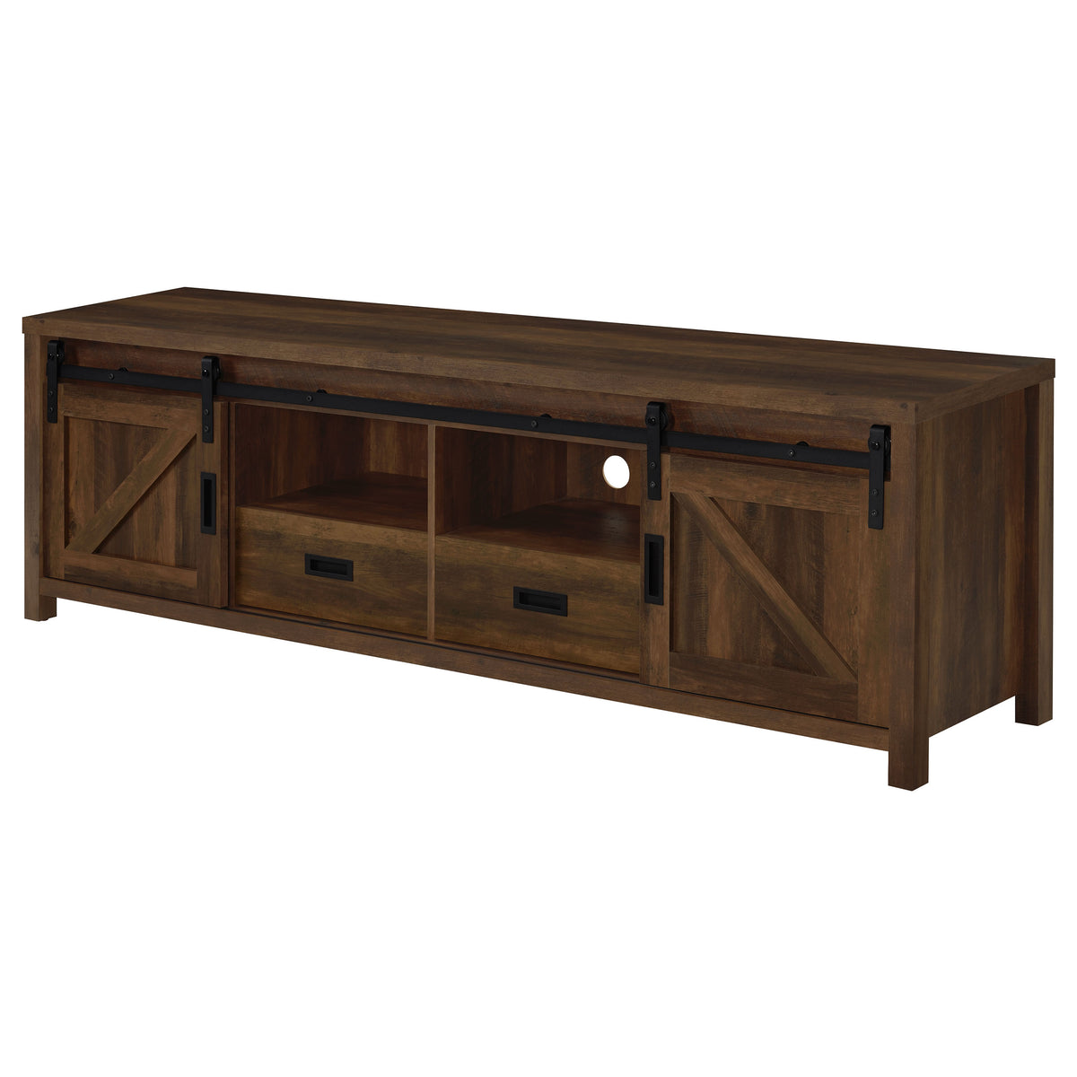 Madra 79" Farmhouse TV Stand with Sliding Barn Doors - Dark Pine with Black Hardware – view 6