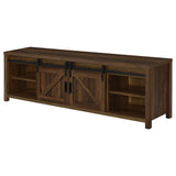Madra 79" Farmhouse TV Stand with Sliding Barn Doors - Dark Pine with Black Hardware – view 7