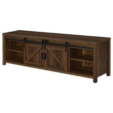 Madra 79" Farmhouse TV Stand with Sliding Barn Doors - Dark Pine with Black Hardware – view 7