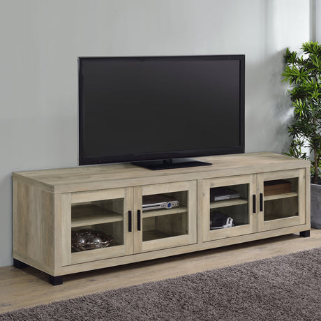 Sachin 79" TV Stand & 3-Piece Entertainment Center - Rustic Distressed Pine with Glass Doors - lifestyle
