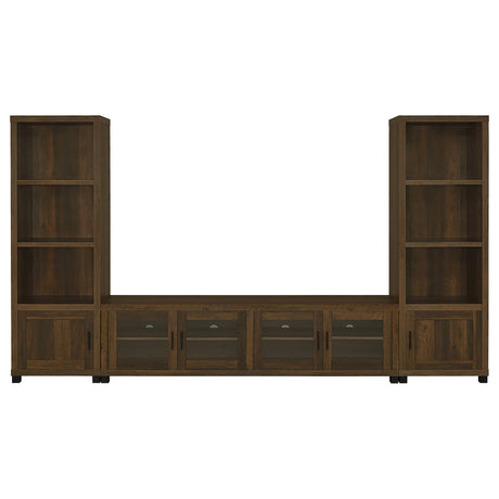 Sachin 79" TV Stand & Entertainment Center with Media Towers - Rustic Pine with Glass Doors & Black Metal Legs – view 8