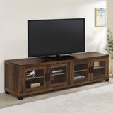 Sachin 79" TV Stand & Entertainment Center with Media Towers - Rustic Pine with Glass Doors & Black Metal Legs - lifestyle