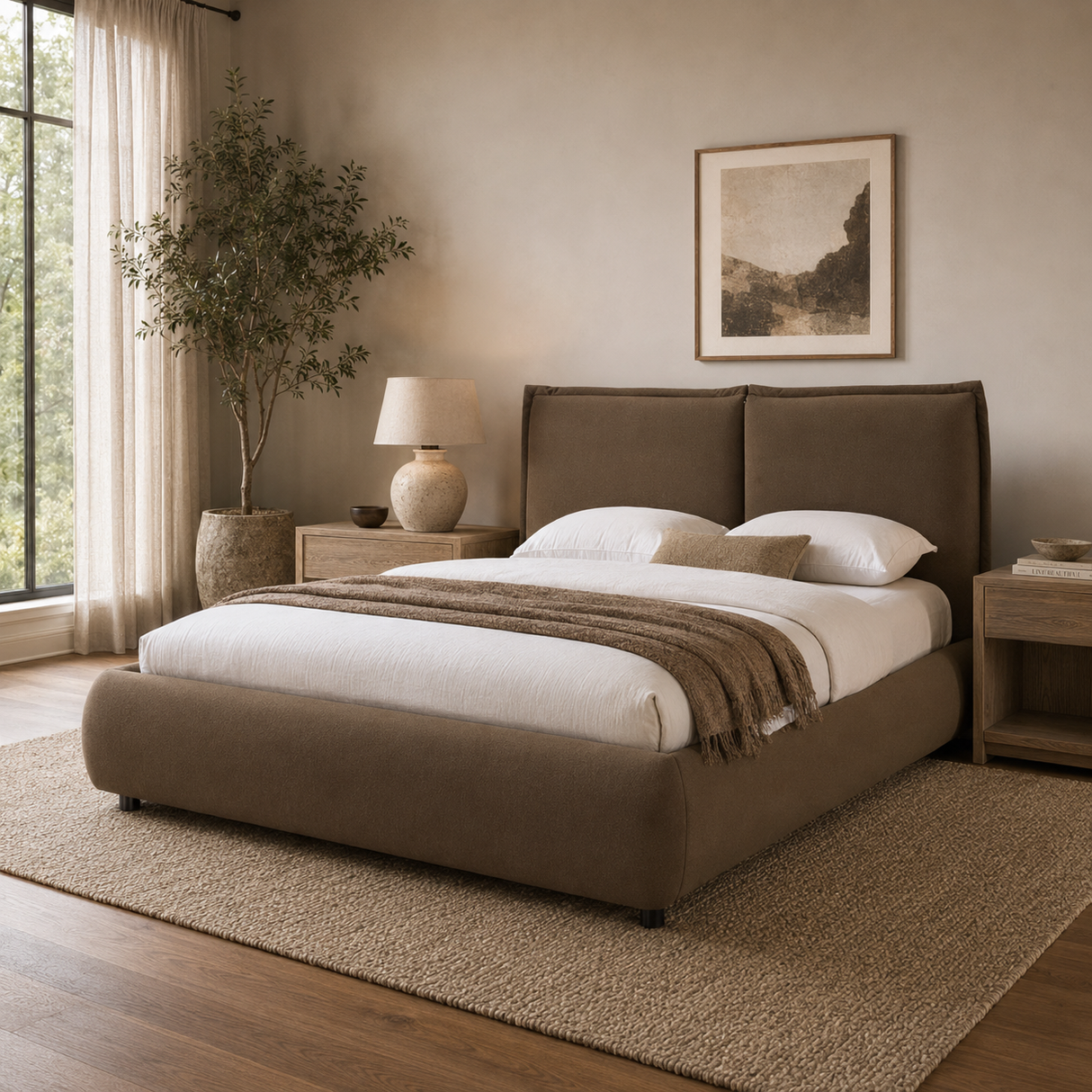 Neatly made bed in a bedroom with a lamp, plant, and framed picture.