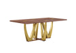 Elana contemporary rectangular wood dining table featuring gold inlays and inverted V-shaped gold metal legs.