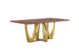 Elana contemporary rectangular wood dining table featuring gold inlays and inverted V-shaped gold metal legs.