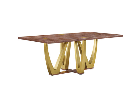 Elana contemporary rectangular wood dining table featuring gold inlays and inverted V-shaped gold metal legs.