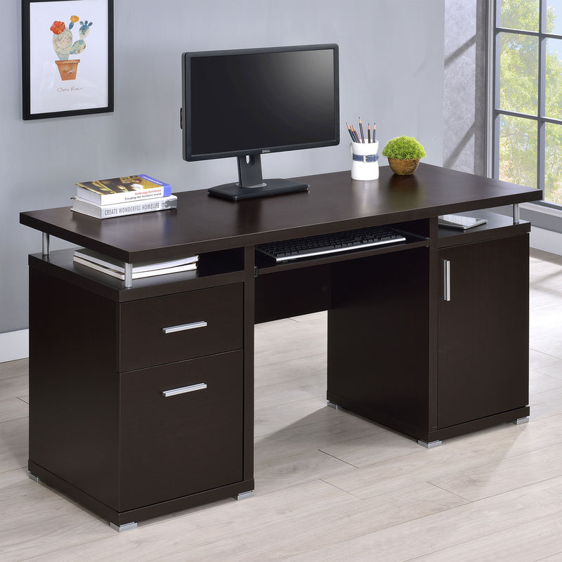 Tracy 55" Computer Desk with Raised Top & Cubbies - Drawers and Cabinet in Cappuccino