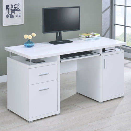 Tracy 55" Computer Desk with Raised Shelf - 2 Drawers, Cabinet & Open Cubbies in White