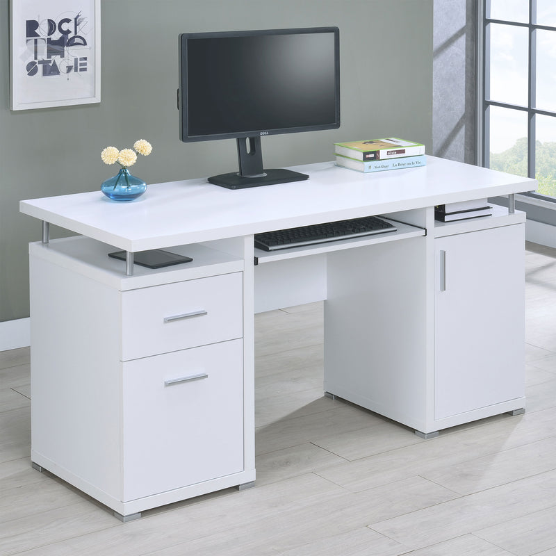 Tracy 55" Computer Desk with Raised Shelf - 2 Drawers, Cabinet & Open Cubbies in White