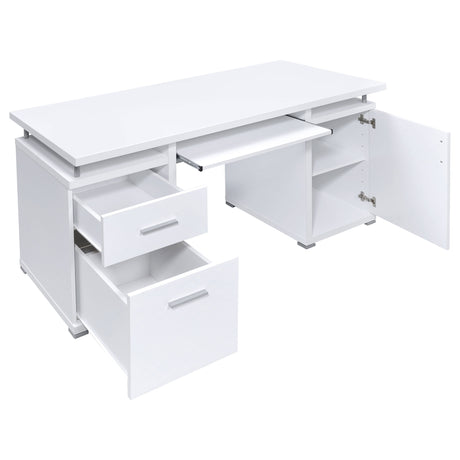 Tracy 55" Computer Desk with Raised Shelf - 2 Drawers, Cabinet & Open Cubbies in White – view 3