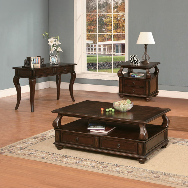 Amado Transitional Occasional Tables - Coffee, End & Sofa Table with Drawers & Bun Feet in Walnut