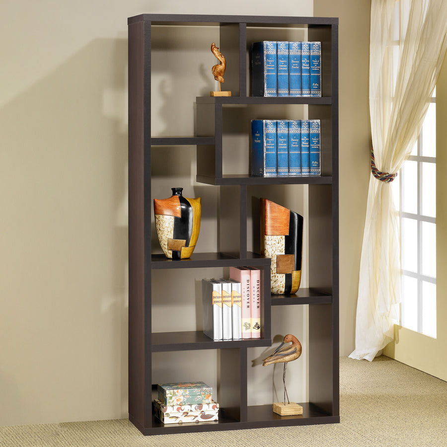 Theo 71" 6-Shelf Staggered Bookshelf - Reversible Open Cubby Bookcase in Cappuccino