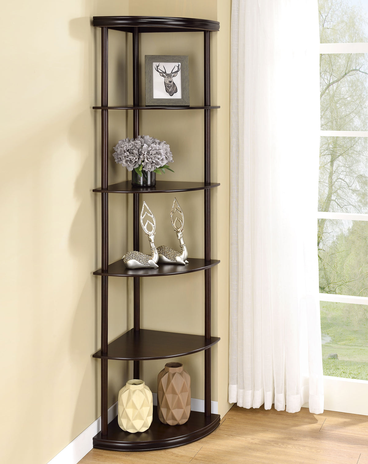 Bonwick 72" 5-Shelf Corner Bookshelf - Space-Saving Cappuccino with Curved Shelves – view 1