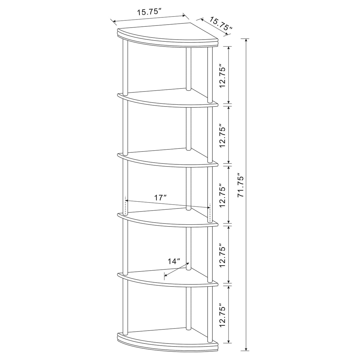 Bonwick 72" 5-Shelf Corner Bookshelf - Space-Saving Cappuccino with Curved Shelves – view 10
