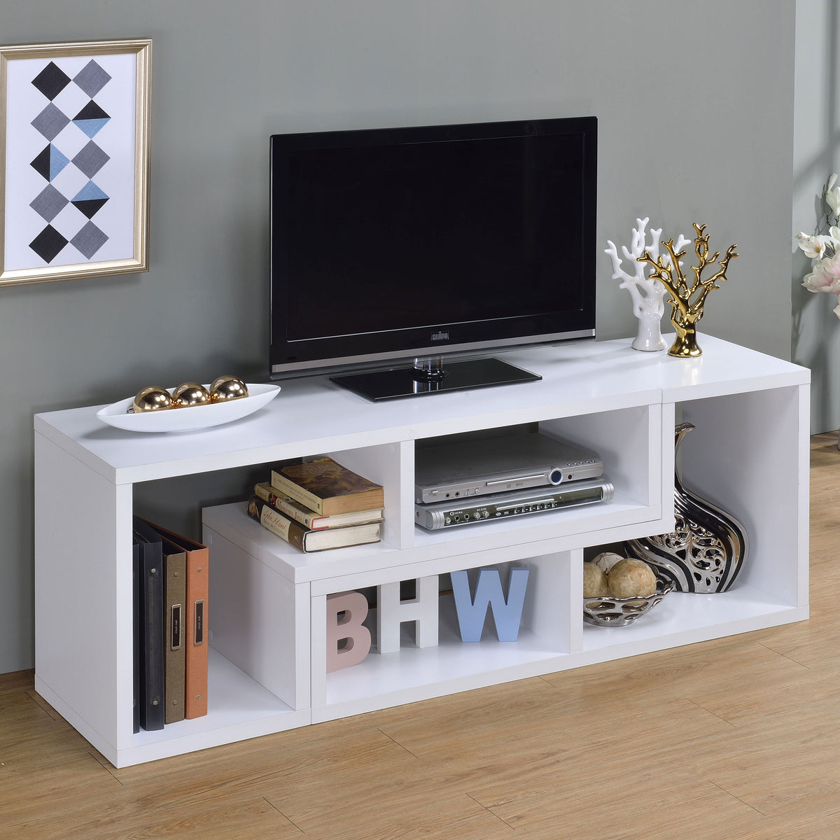 Velma 2-Piece L-Shaped Console Bookcase & TV Stand - Reconfigurable Open Shelving in White – view 4