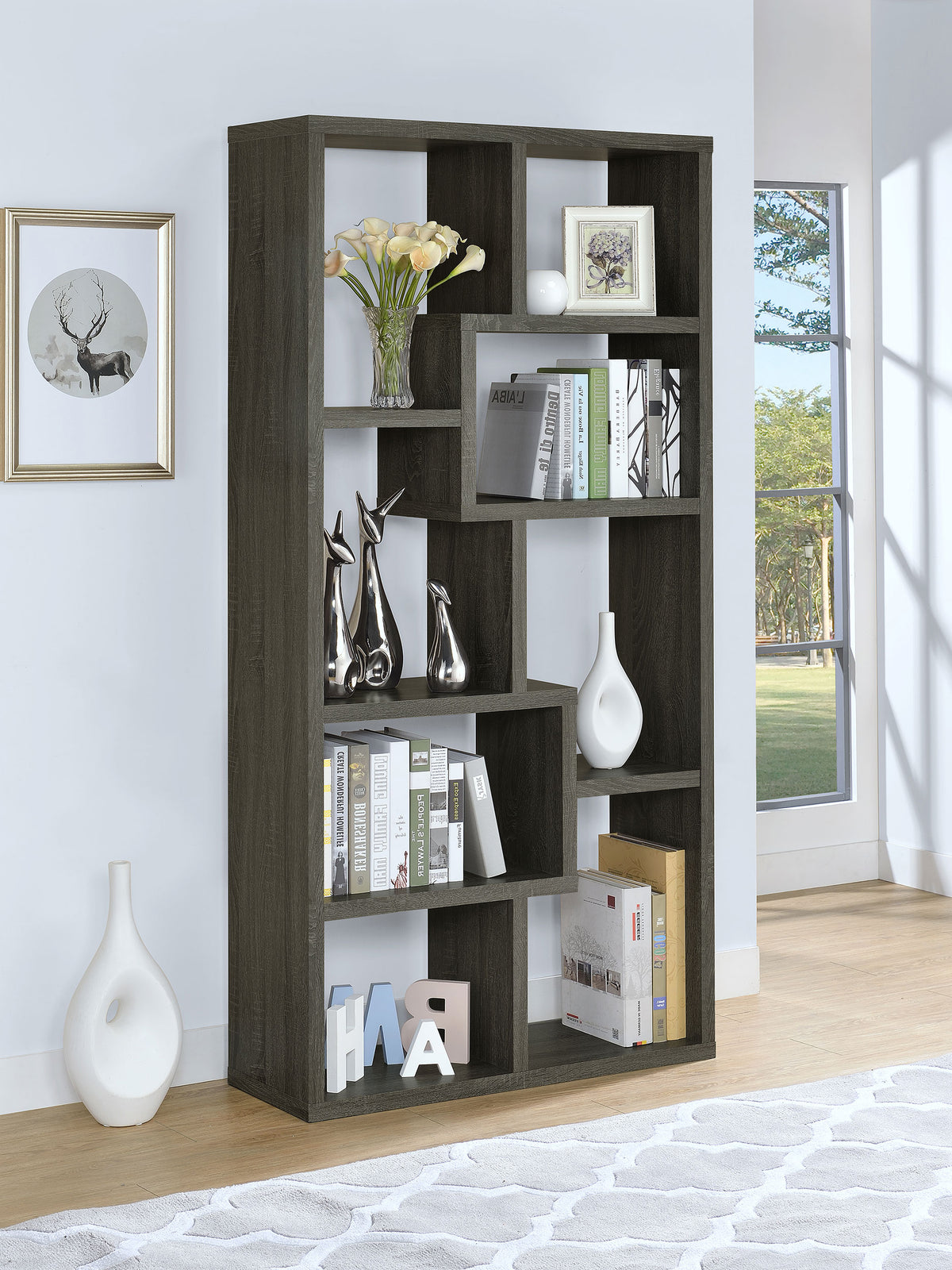 Theo 71" 6-Shelf Staggered Bookshelf - Reversible Open Cubbies in Weathered Grey – view 1