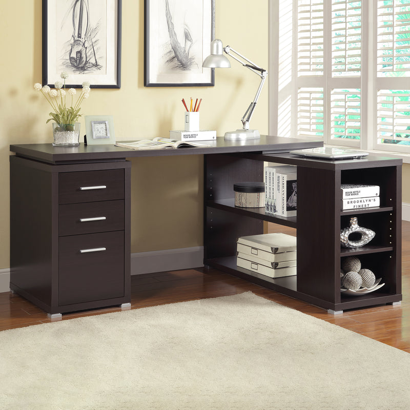 Yvette 60" L-Shaped Computer Desk - 3 Drawers, Open Shelves & Cubbies in Cappuccino