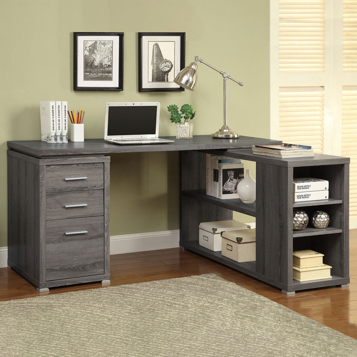 Yvette 60" L-Shaped Computer Desk - Weathered Grey Corner Desk with 3 Drawers & Open Shelves – view 1