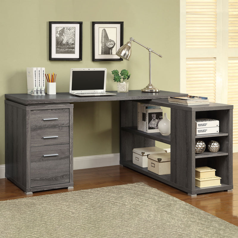 Yvette 60" L-Shaped Computer Desk - Weathered Grey Corner Desk with 3 Drawers & Open Shelves