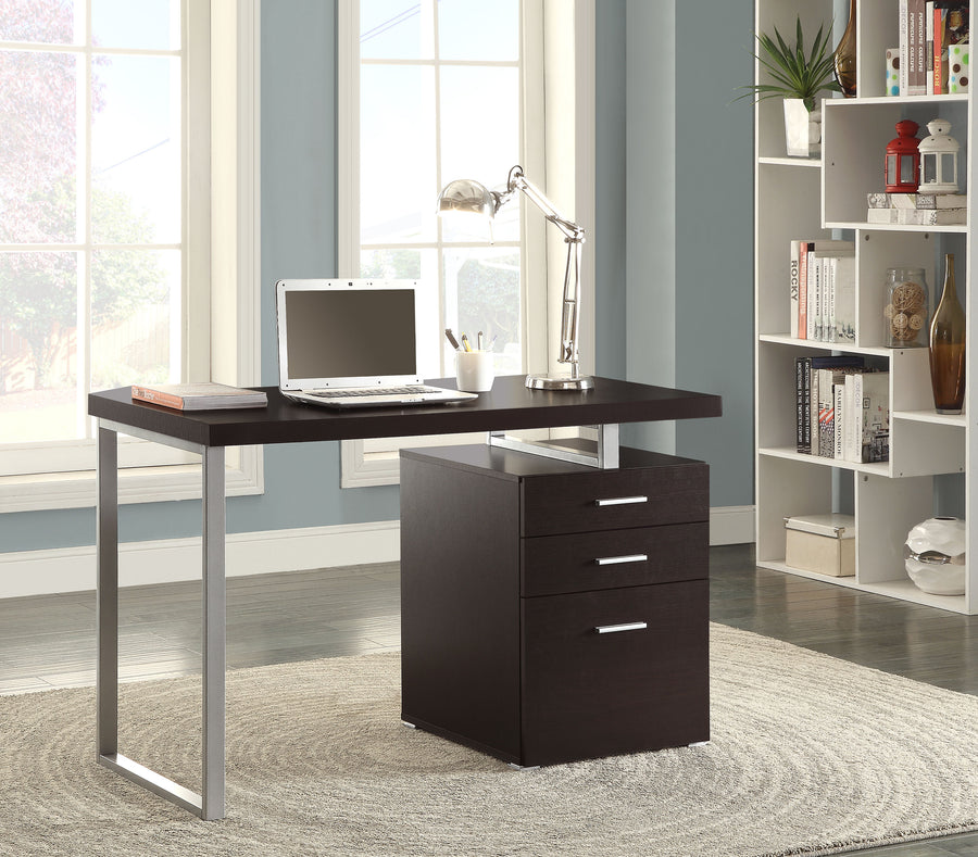 Brennan 47" Computer Desk with 3-Drawer Pedestal - Cappuccino with Silver Metal Open-Leg Frame