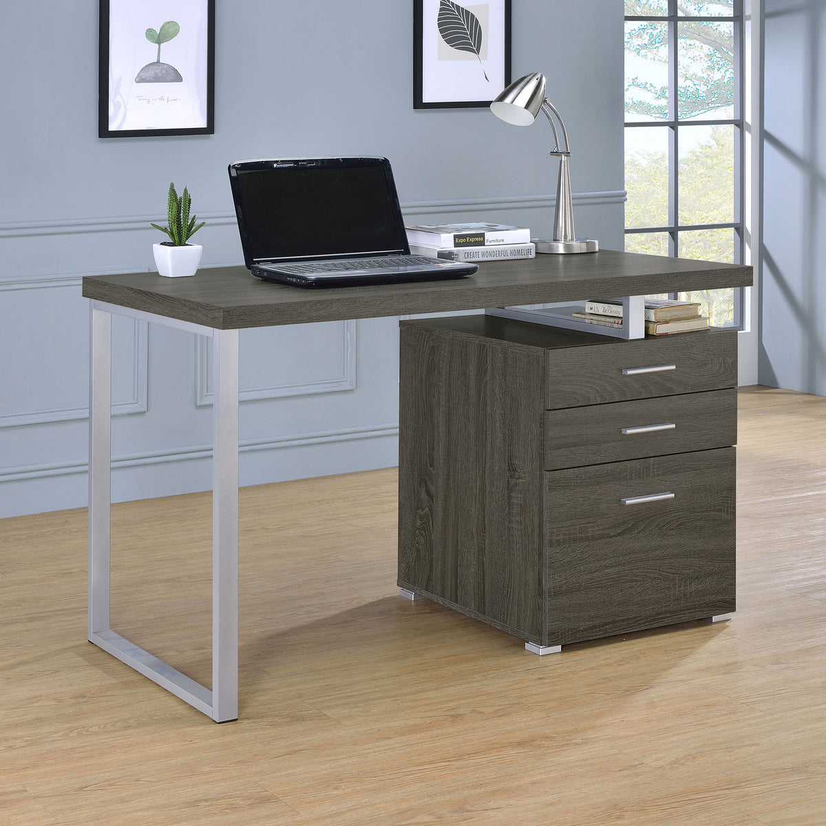 Brennan 47" Computer Desk with 3-Drawer Pedestal - Weathered Grey & Silver Metal – view 1