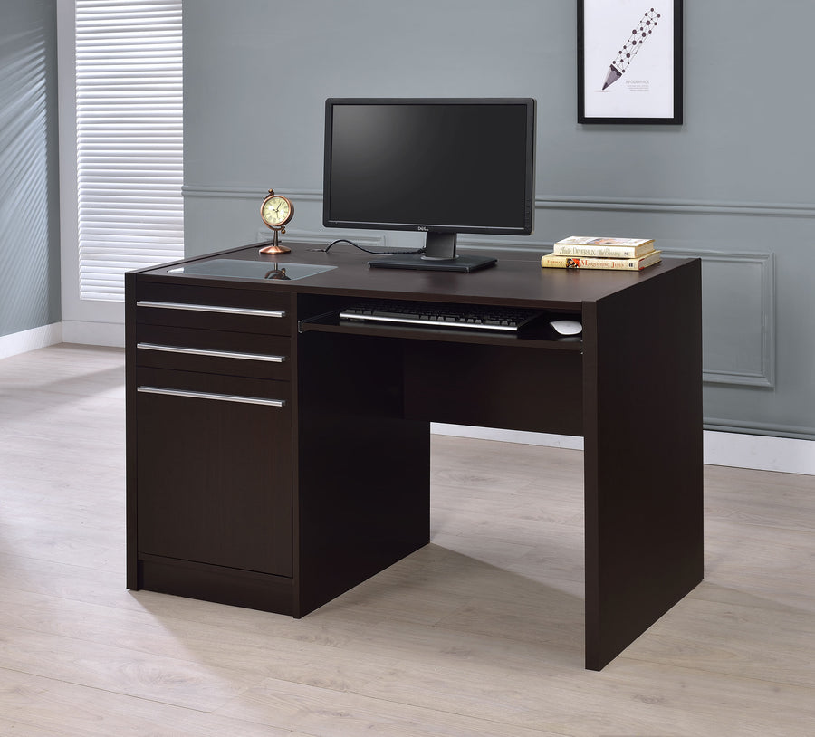 Halston 47" Computer Desk with Glass Inset & Built-In Power - Drawers, Keyboard Tray & Cabinet in Cappuccino