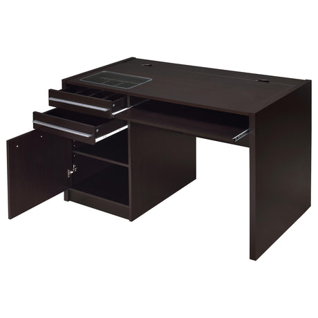 Halston 47" Computer Desk with Glass Inset & Built-In Power - Drawers, Keyboard Tray & Cabinet in Cappuccino – view 3