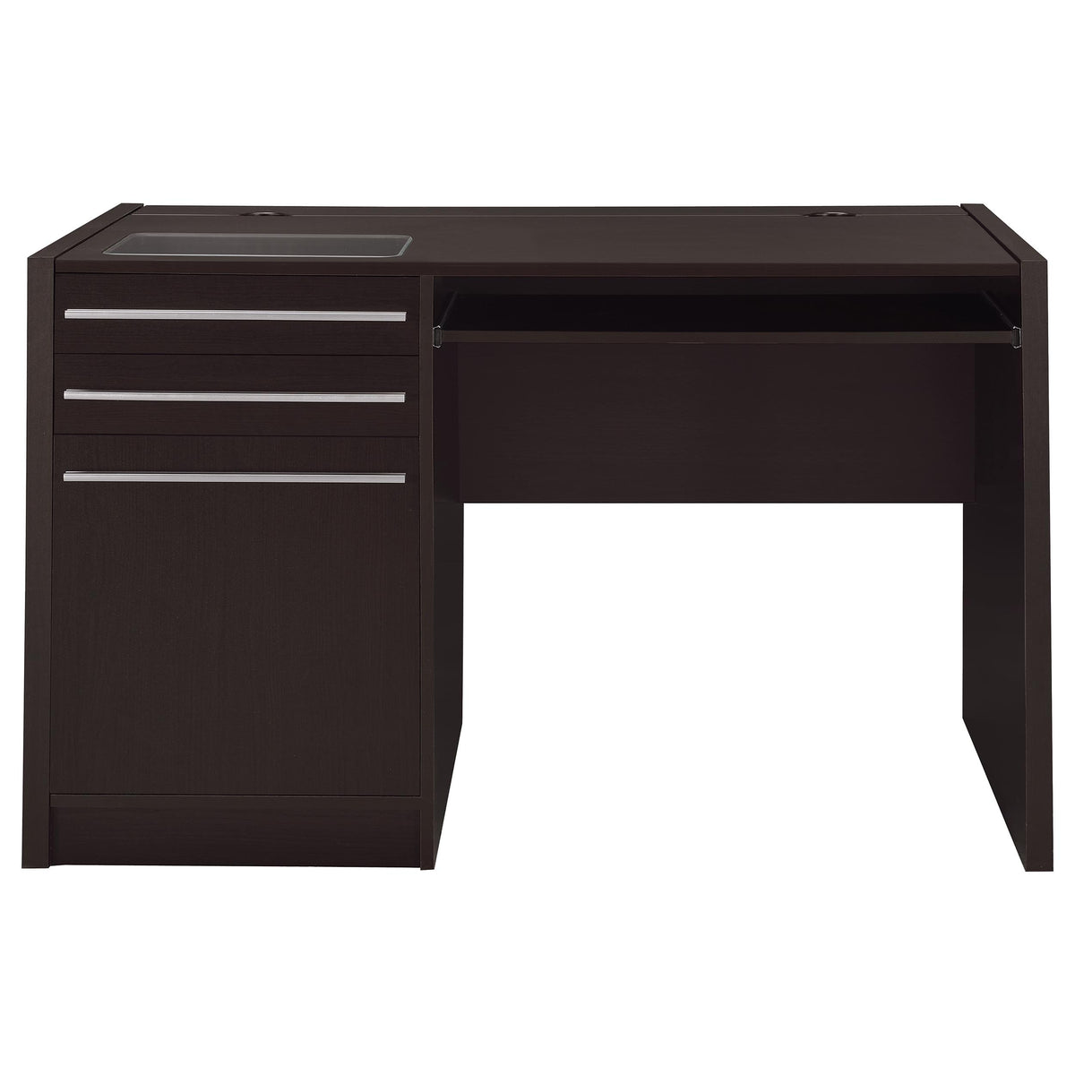 Halston 47" Computer Desk with Glass Inset & Built-In Power - Drawers, Keyboard Tray & Cabinet in Cappuccino – view 4