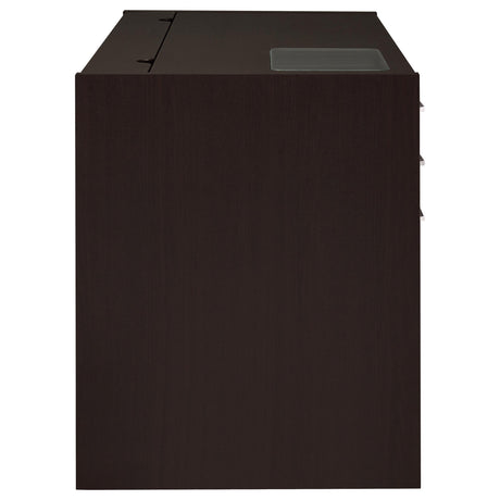 Halston 47" Computer Desk with Glass Inset & Built-In Power - Drawers, Keyboard Tray & Cabinet in Cappuccino – view 7