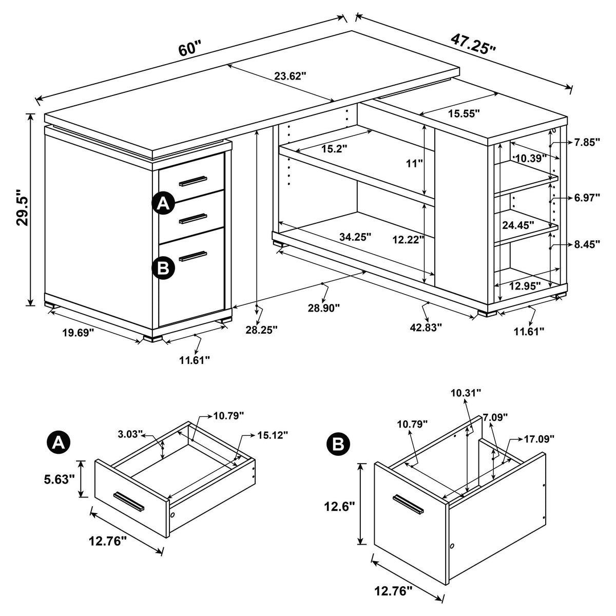 Yvette 60" L-Shape Corner Computer Desk with 3 Drawers & Cubbies - Mango Finish – view 10