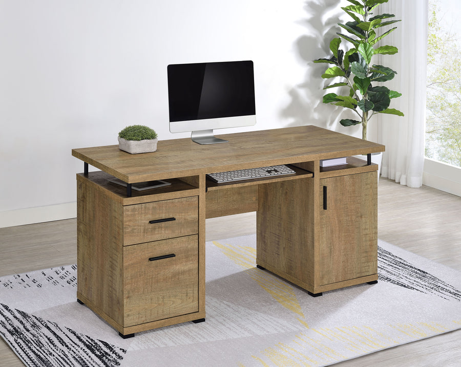 Tracy 55" Computer Desk with Raised Shelf, Cubbies & Cabinet - Mango Finish with Black Metal Posts