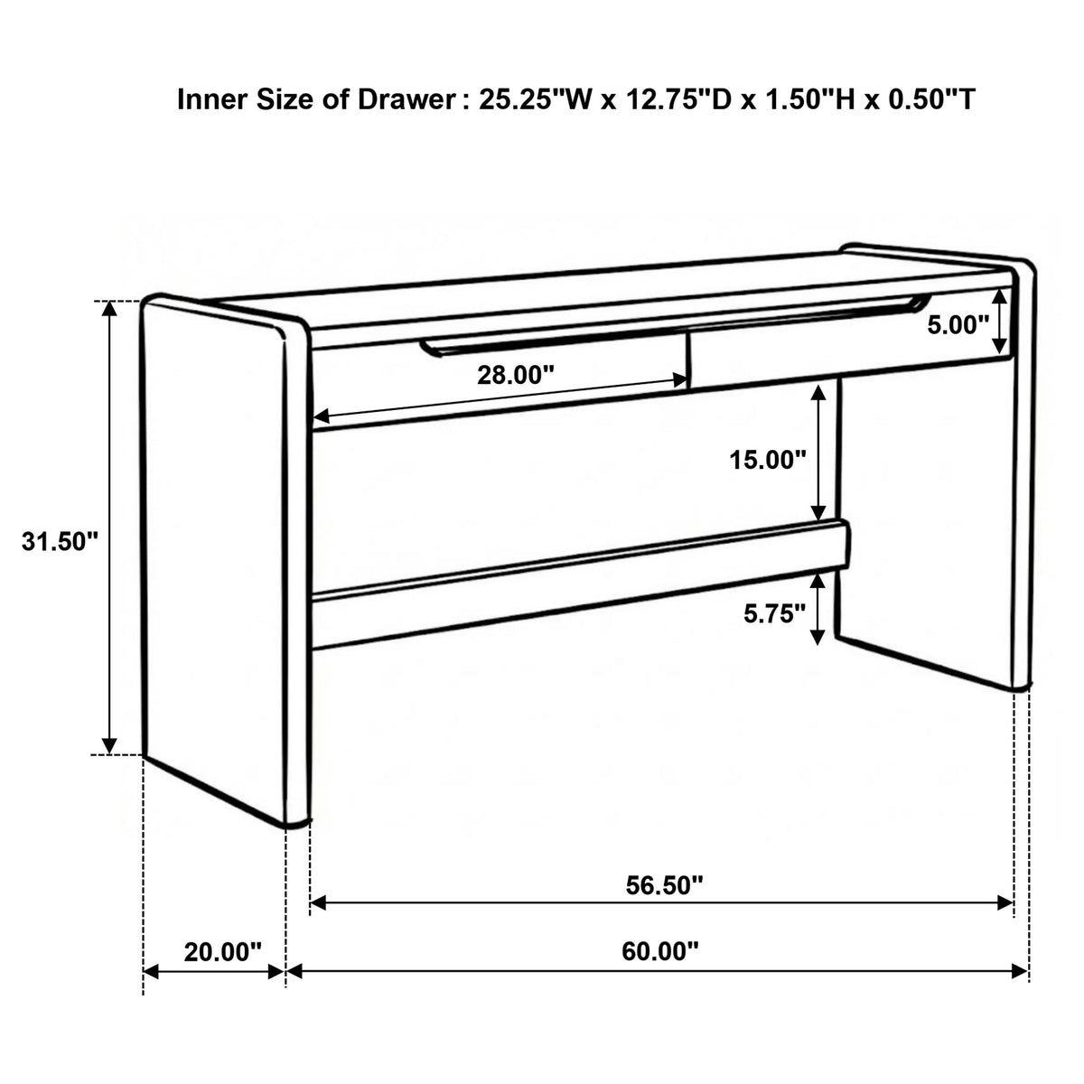 Leandro 60" Writing Desk with 2 Drawers - Rounded Edges & Open Legs in Burnished Black Ash – view 12