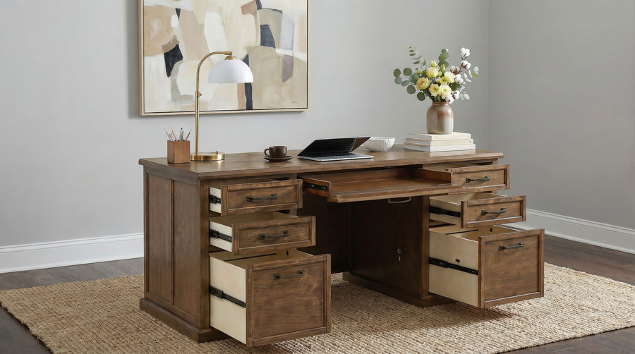 Altidore 68" Executive Desk - 7 Drawers with Built-In Power & Locking File Drawers in Distressed Brown or White
