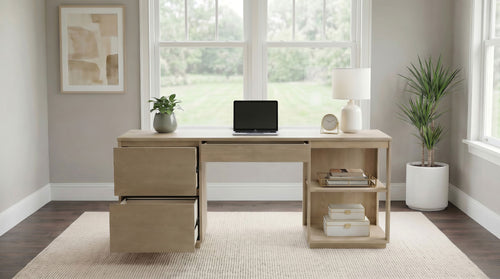 Harkes 75" 3-Drawer Computer Desk with Adjustable Shelves - Elm Veneer in Light Elm or Coffee Bean