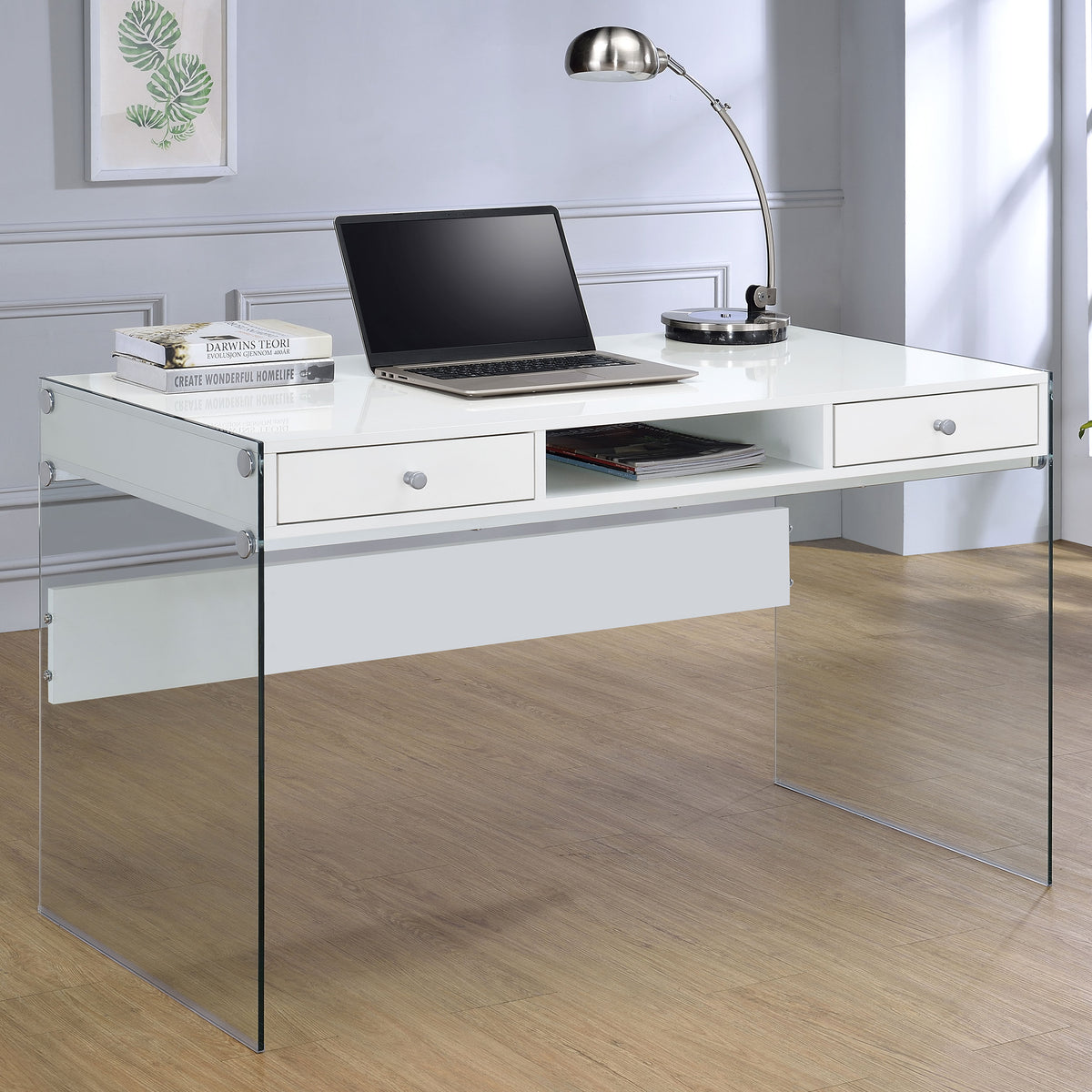 Dobrev 48" Writing Desk with Glass Legs - 2 Drawers & Cubby in White High Gloss – view 1