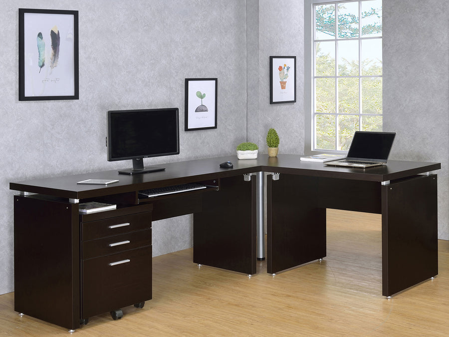 Skylar L-Shaped Desk, Computer Desk & Mobile File Cabinet - Cappuccino Home Office with Keyboard Tray
