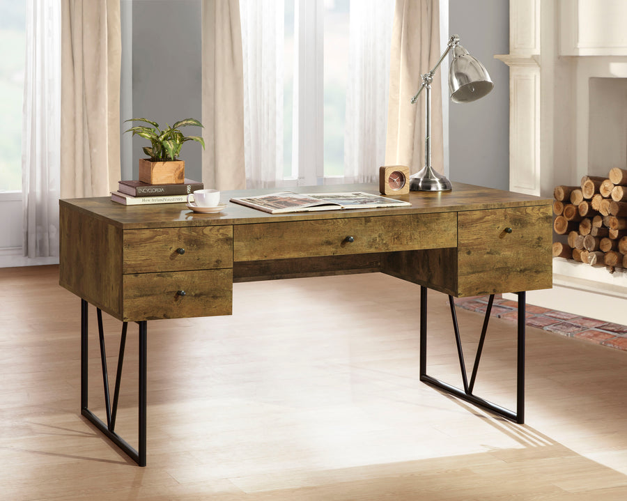 Analiese 63" 4-Drawer Writing Desk - Rustic Wood Look on Black Metal Base in Nutmeg or Grey Driftwood