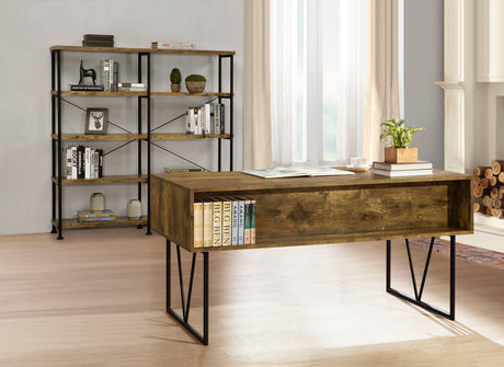Analiese 63" 4-Drawer Writing Desk - Rustic Wood Look on Black Metal Base in Nutmeg or Grey Driftwood – view 15
