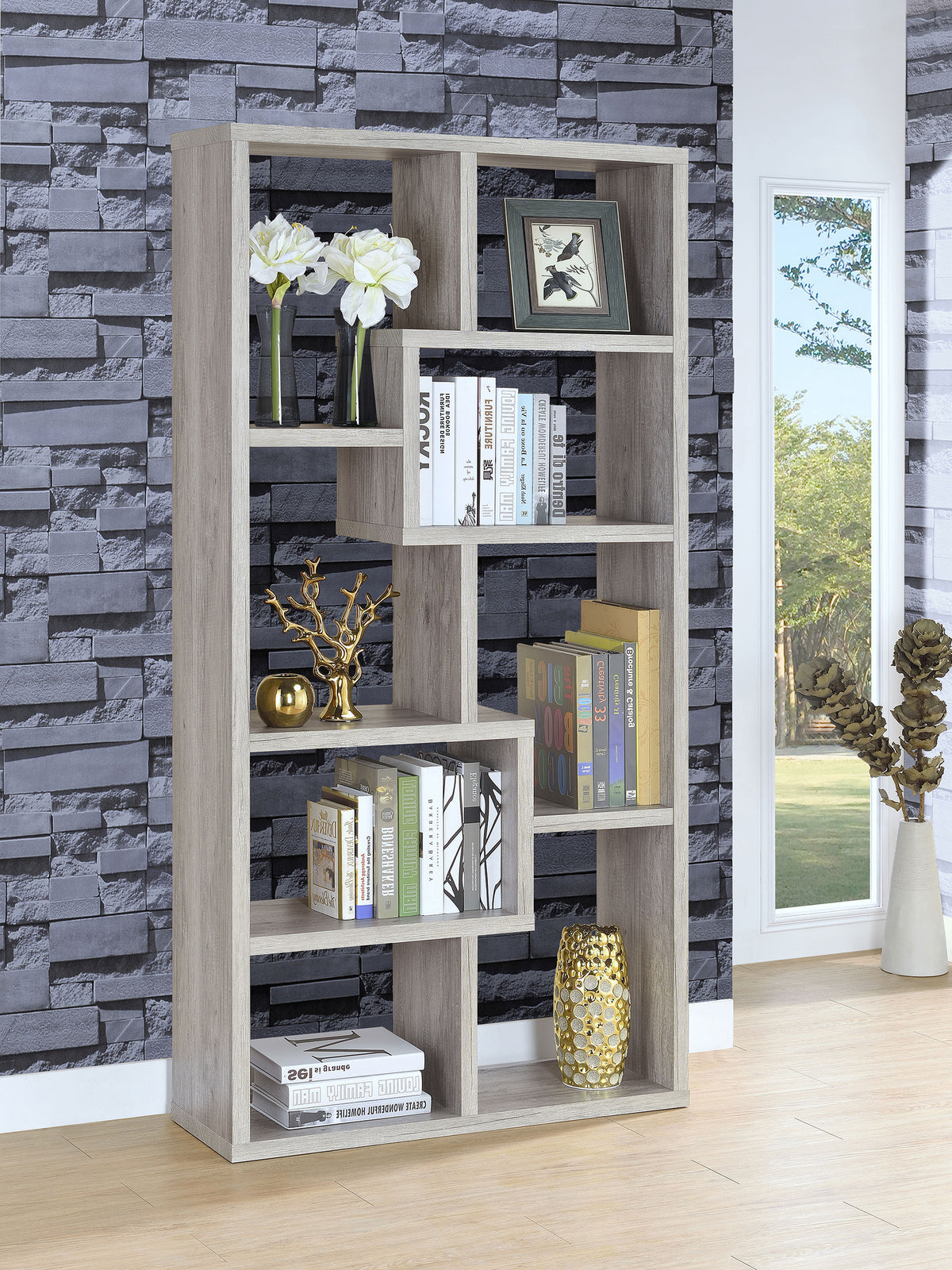 Theo 71" 6-Shelf Staggered Bookshelf - Reversible Open Cubbies in Grey Driftwood – view 1