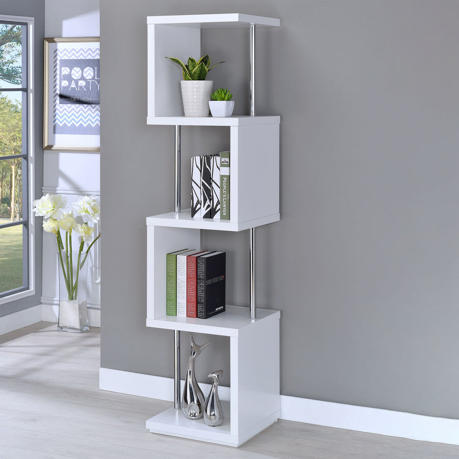 Baxter 67" 4-Shelf Bookshelf - Compact Geometric Bookcase in White & Chrome