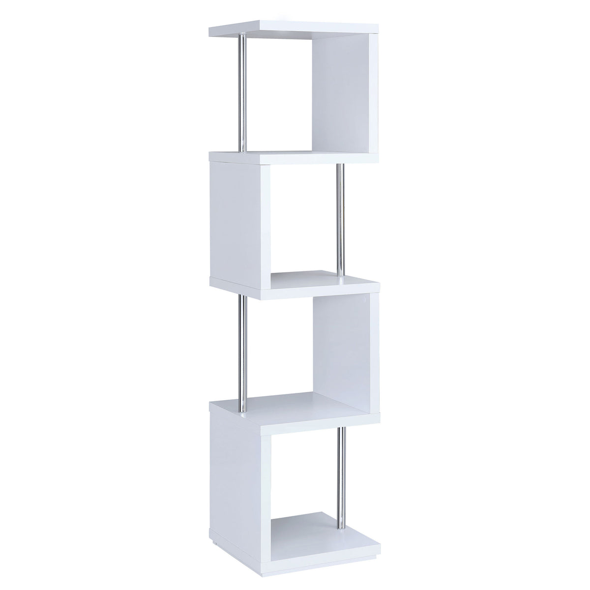 Baxter 67" 4-Shelf Bookshelf - Compact Geometric Bookcase in White & Chrome – view 4