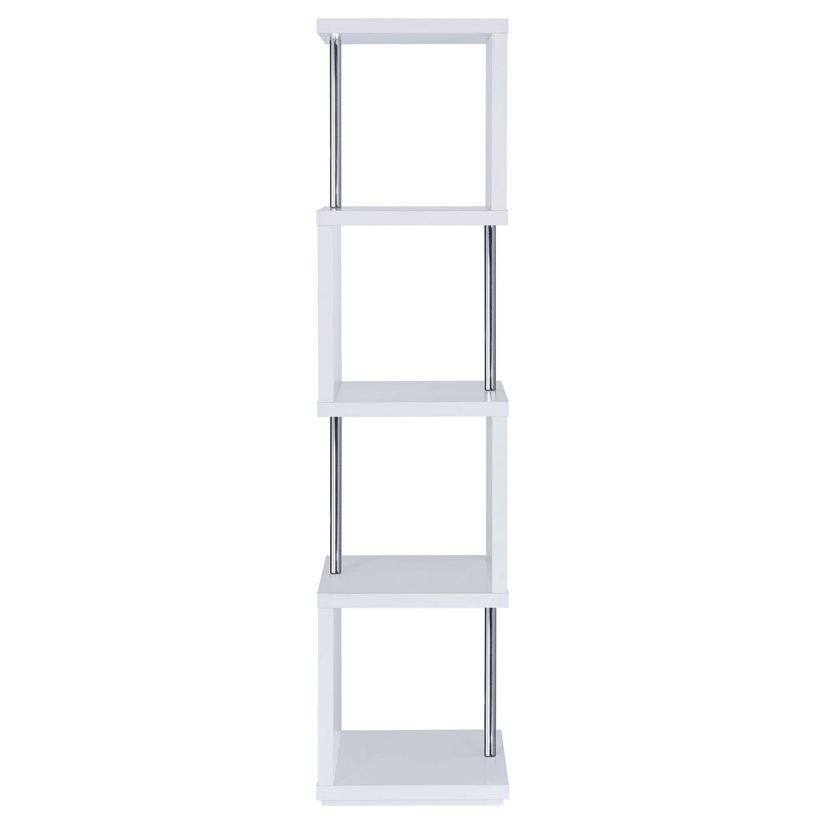 Baxter 67" 4-Shelf Bookshelf - Compact Geometric Bookcase in White & Chrome – view 5