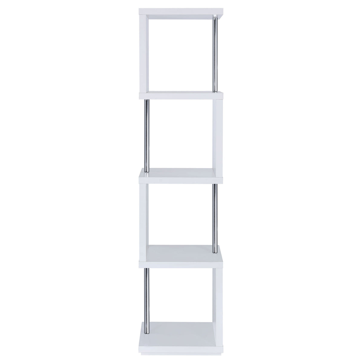Baxter 67" 4-Shelf Bookshelf - Compact Geometric Bookcase in White & Chrome – view 9