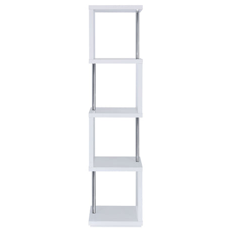Baxter 67" 4-Shelf Bookshelf - Compact Geometric Bookcase in White & Chrome – view 9