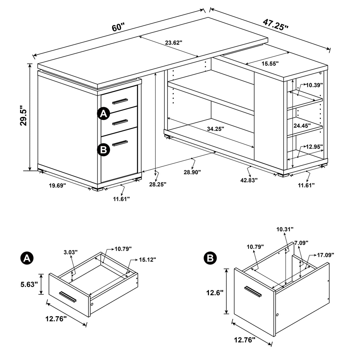 Yvette 60" L-Shaped Computer Desk - 3 Drawers, Open Shelves & Cubbies in Grey Driftwood – view 13