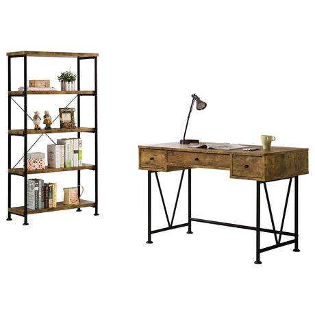 Analiese 47" 3-Drawer Writing Desk & Bookcase Set - Farmhouse Rustic Nutmeg with Black Metal Base – view 11