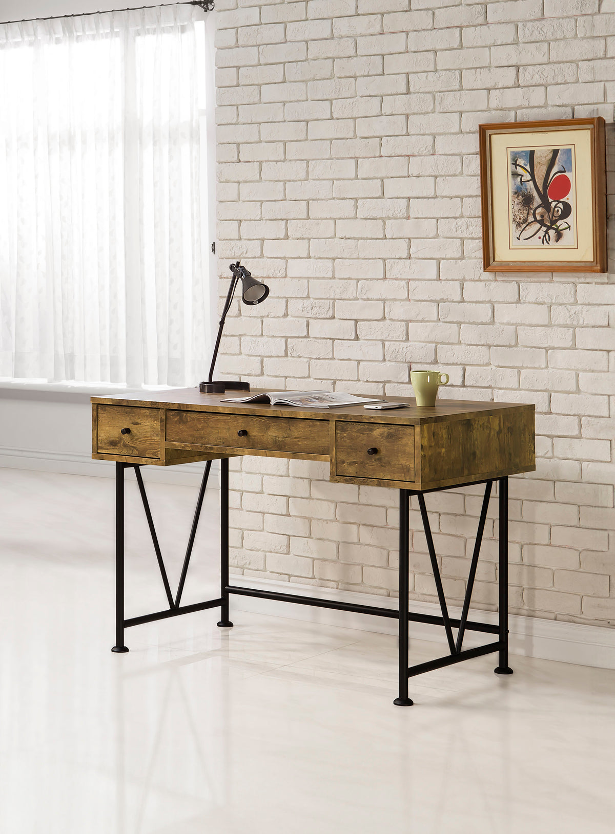 Analiese 47" 3-Drawer Writing Desk & Bookcase Set - Farmhouse Rustic Nutmeg with Black Metal Base – view 1