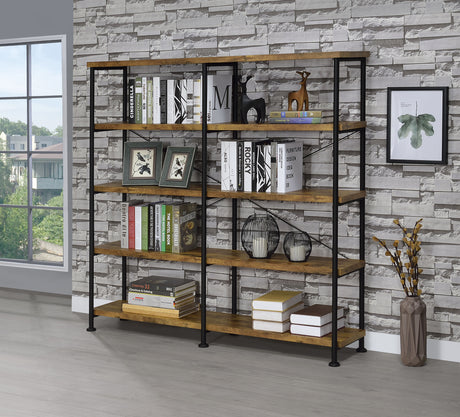 Analiese 63" 4-Shelf Bookshelf & Double Bookshelf - Black Metal Frame in Rustic Nutmeg or Grey Driftwood - lifestyle